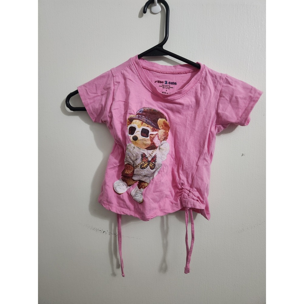 Just 2 Cute Girls Pink Teddy Bear Graphic Tee Side Cinch Drawstring Top Size 4